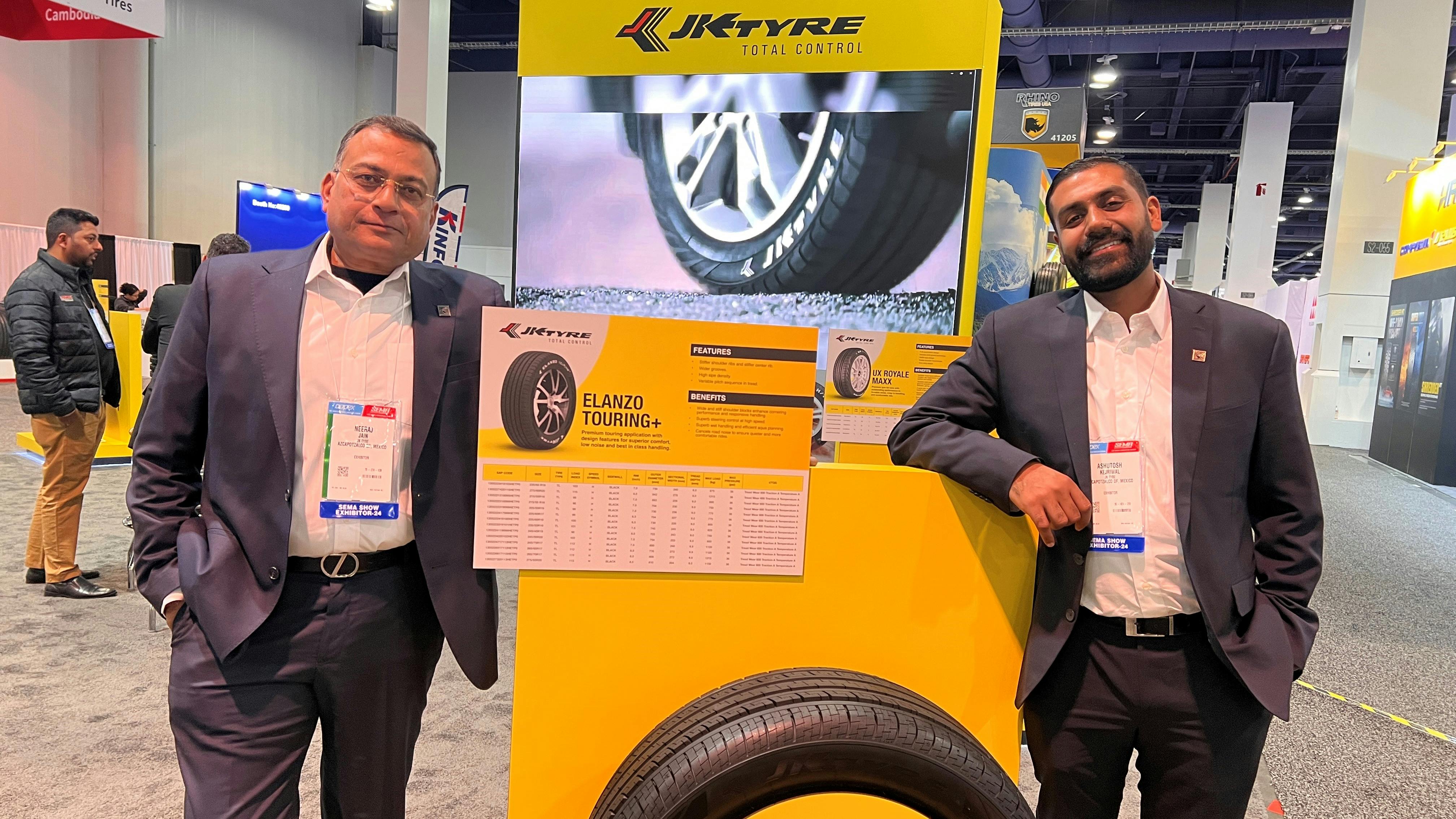 Neeraj Jain, CEO, on the left, and Ashutosh Kejriwal, head of marketing, right, for JK Tyre, say the company's focus on manufacturing products in Mexico for the U.S. market will provide fast turnaround times, which they believe will be attractive to American tire dealers.
