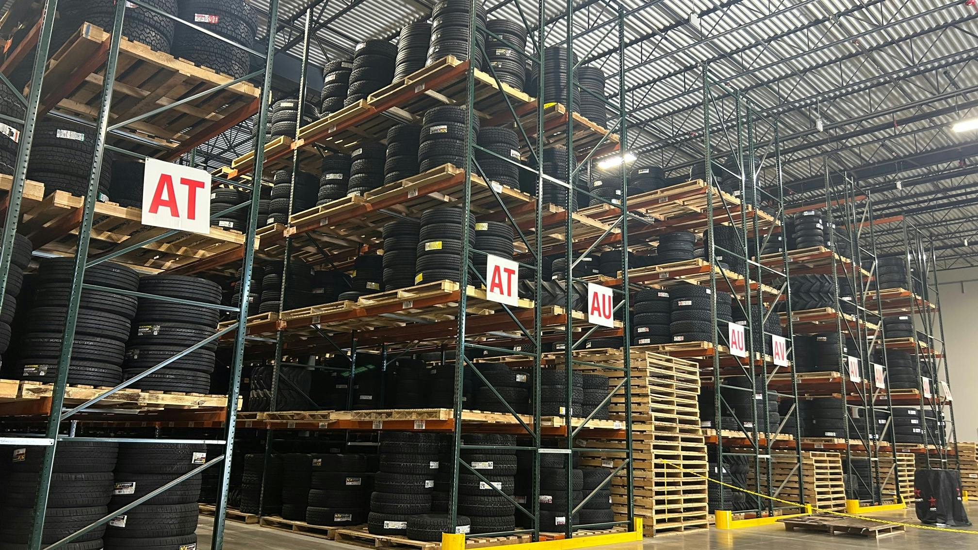 tires stacked in a warehouse
