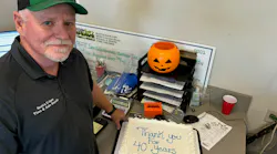 Dave Bass, service manager at Scott’s U-Save Tire & Auto Repair store in Steiger, Ill., is celebrating his 40th anniversary with the dealership.