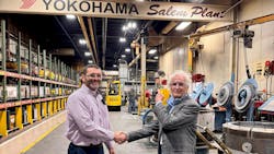 Brian Ballard (left), manager of supply chain planning at Yokohama Tire Corp.'s plant in Salem, Va., welcomes Paul Sullivan, vice president of marketing for Sullivan Tire Co. Inc. Brian Ballard (left), manager of supply chain planning at Yokohama Tire Corp.'s plant in Salem, Va., welcomes Paul Sullivan, vice president of marketing for Sullivan Tire Co. Inc.