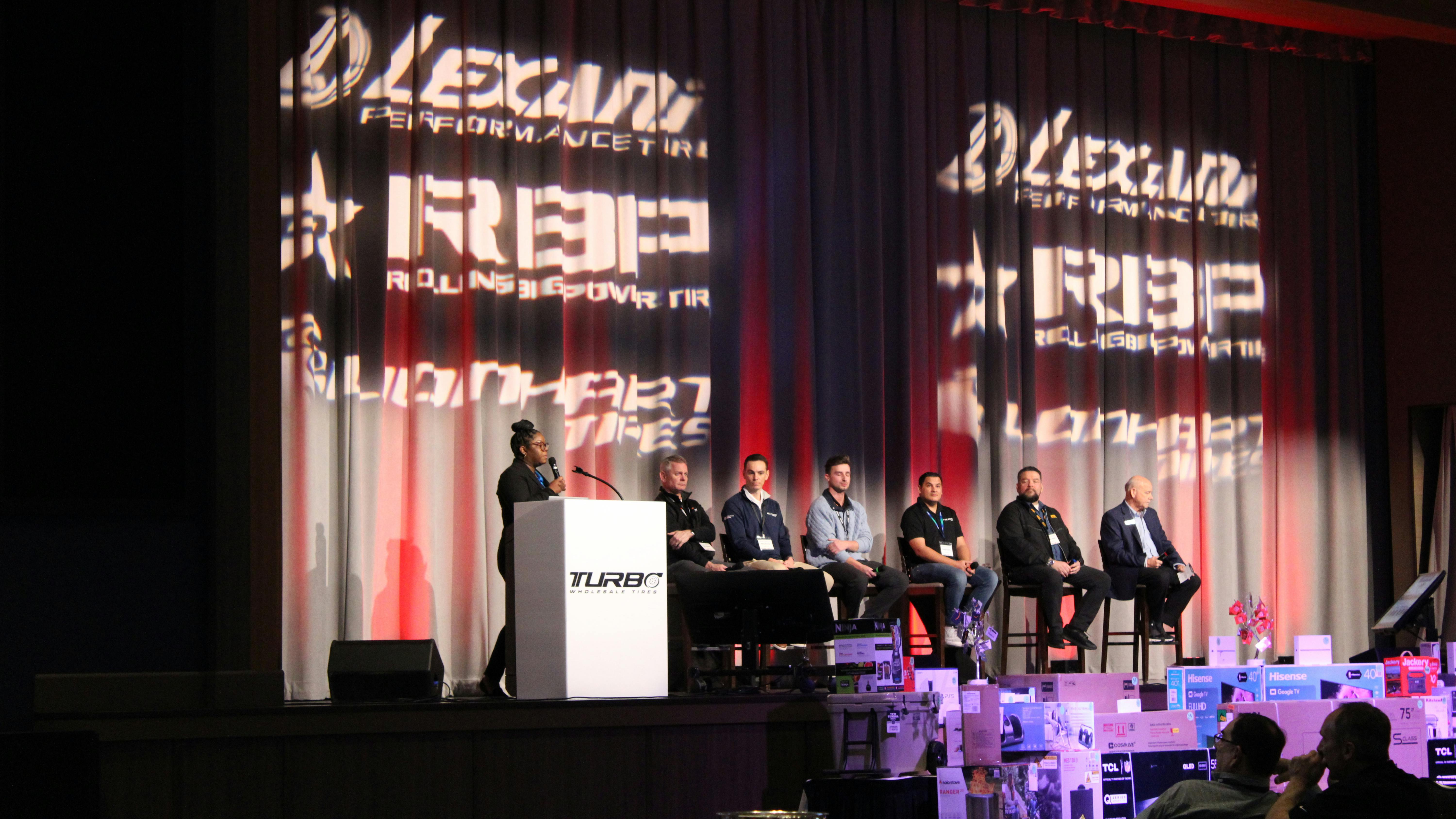 Bridney Jordan, product manager, Turbo Wholesale Tires LLC, conducted a panel discussion of Turbo supplier representatives at Turbo&rsquo;s recent dealer meeting in New Buffalo, Mich.