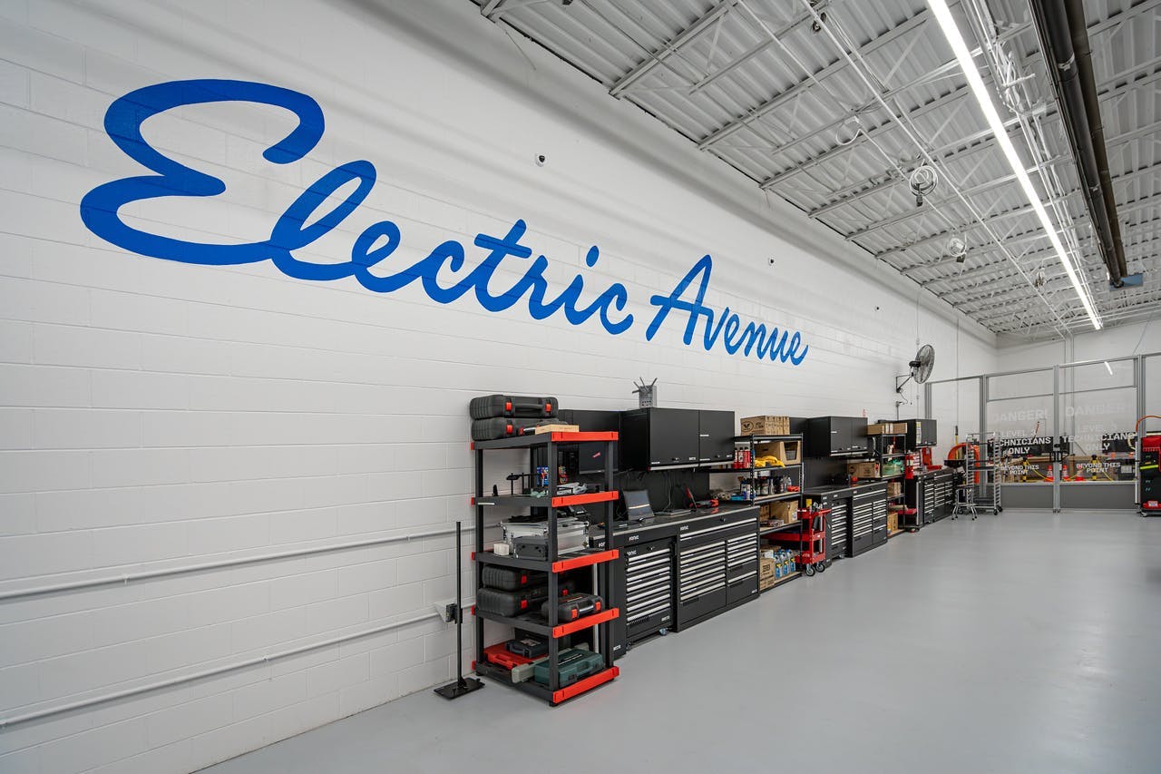 The store’s battery room - which Tire Discounters employees call “Electric Avenue, just like the song,” says Jamie Ward, CEO and president of Tire Discounters – features an explosion-proof barrier. “We keep (the room) very separated from the rest of the shop.'