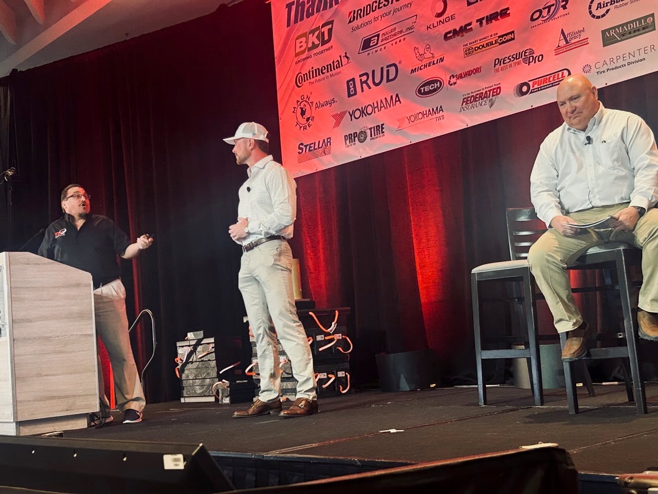 “As not what your service truck can do for you. Ask what you can do for your service truck,” said Charlie Pearson, sales manager of Fleet Equipment Corp. (middle, flanked by Kevin Rohlwing, TIA’s chief technical officer, far left, and Stellar Industries Inc.’s Tom Formanek.)