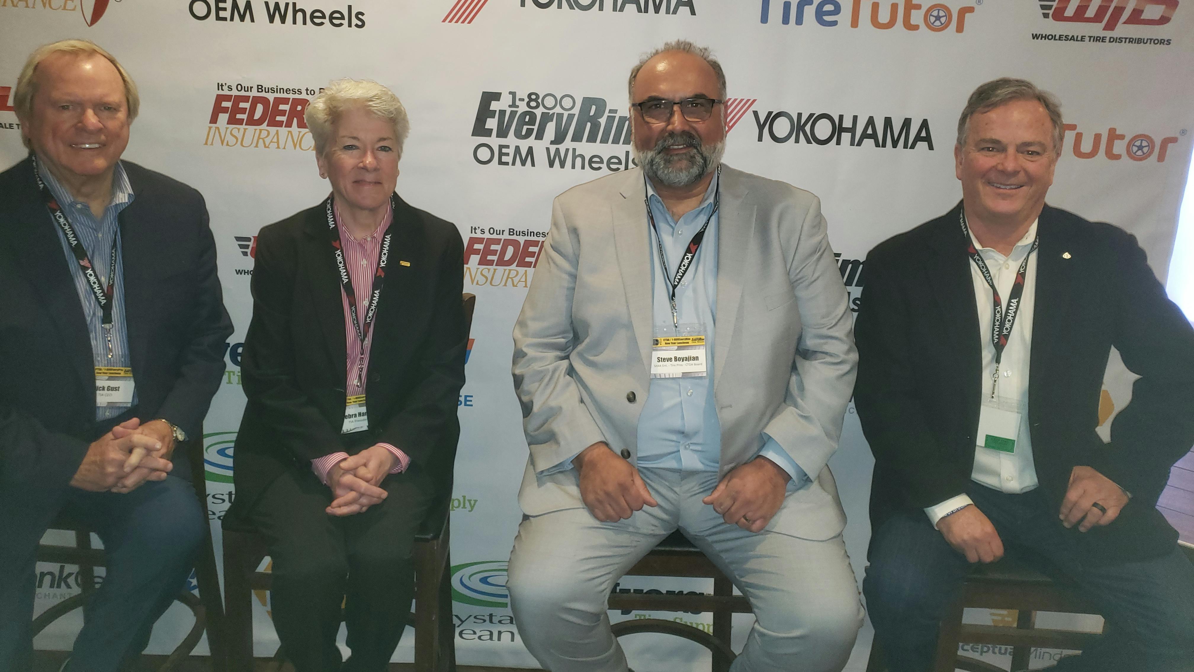 Chris Barry of the Independent Tire Dealers Group LLC and vice president of the California Tire Dealers Association moderated a panel that addressed the Right to Repair topic. [From L:R: Dick Gust, CEO of the Tire Industry Association, Debra Hamlin, TIA president, Stepan Boyajian, CTDA's president and Barry.)