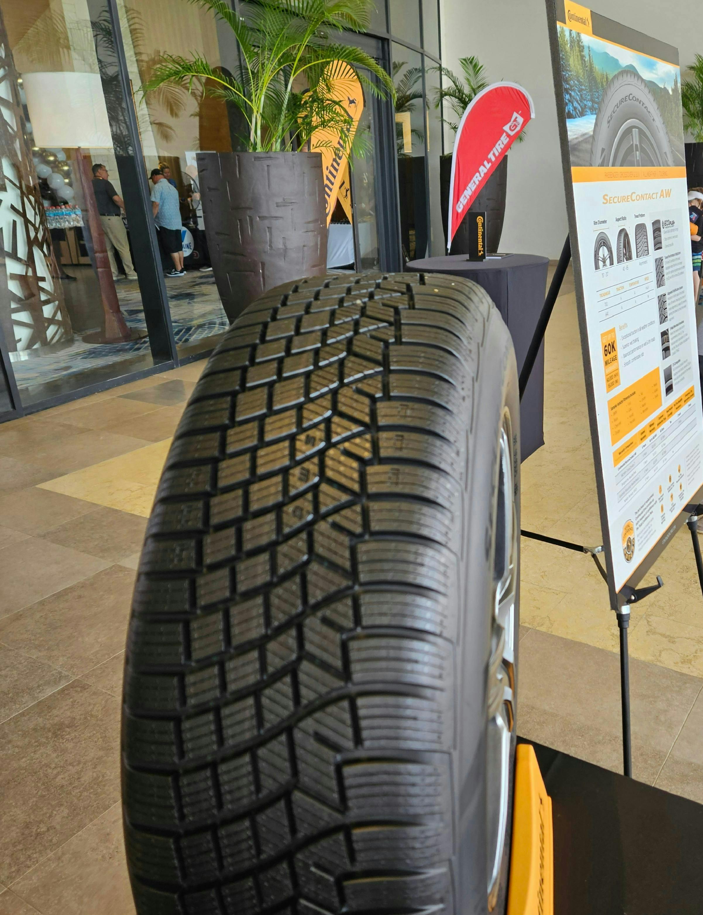 The Continental SecureContact AW (pictured), an all-weather touring tire designed for passenger, CUV and SUV vehicles, was one of several new tires that Continental Tire the Americas LLC unveiled during its recent Gold Retailer program group meeting.