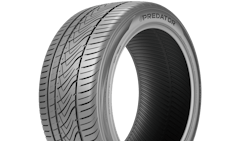 The new tire features three main grooves and curved lateral channels for rapid water evacuation and wet-weather, deep sipes in the inner shoulder and central tread blocks for improved wet traction and dry cornering stability and a solid circumferential rib adjacent to the outer shoulder blocks for boosts in handling response and straight-line stability. The new tire features three main grooves and curved lateral channels for rapid water evacuation and wet-weather, deep sipes in the inner shoulder and central tread blocks for improved wet traction and dry cornering stability and a solid circumferential rib adjacent to the outer shoulder blocks for boosts in handling response and straight-line stability.