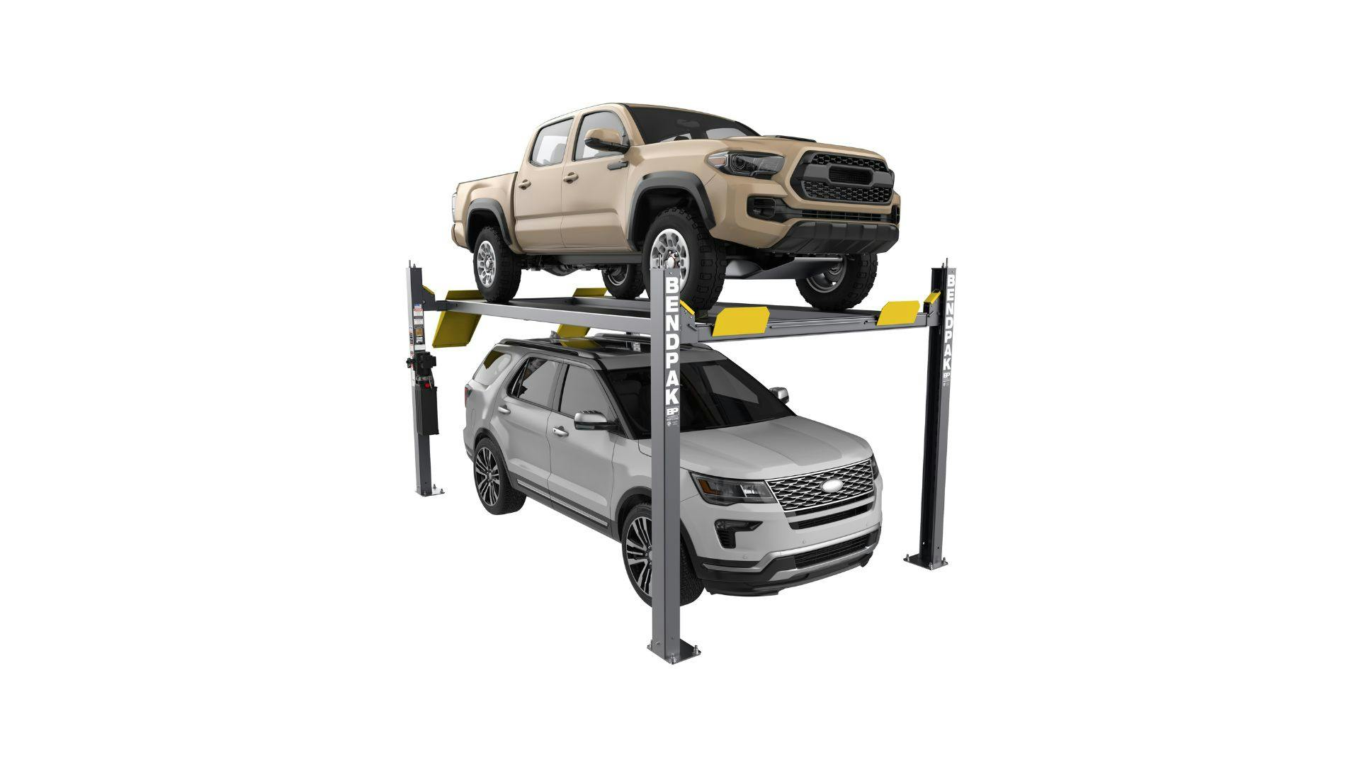 The BendPak HD-9EWT is a heavy-duty lift designed to accommodate larger and wider vehicles, such as those with larger tires, extended mirrors and wider fenders.