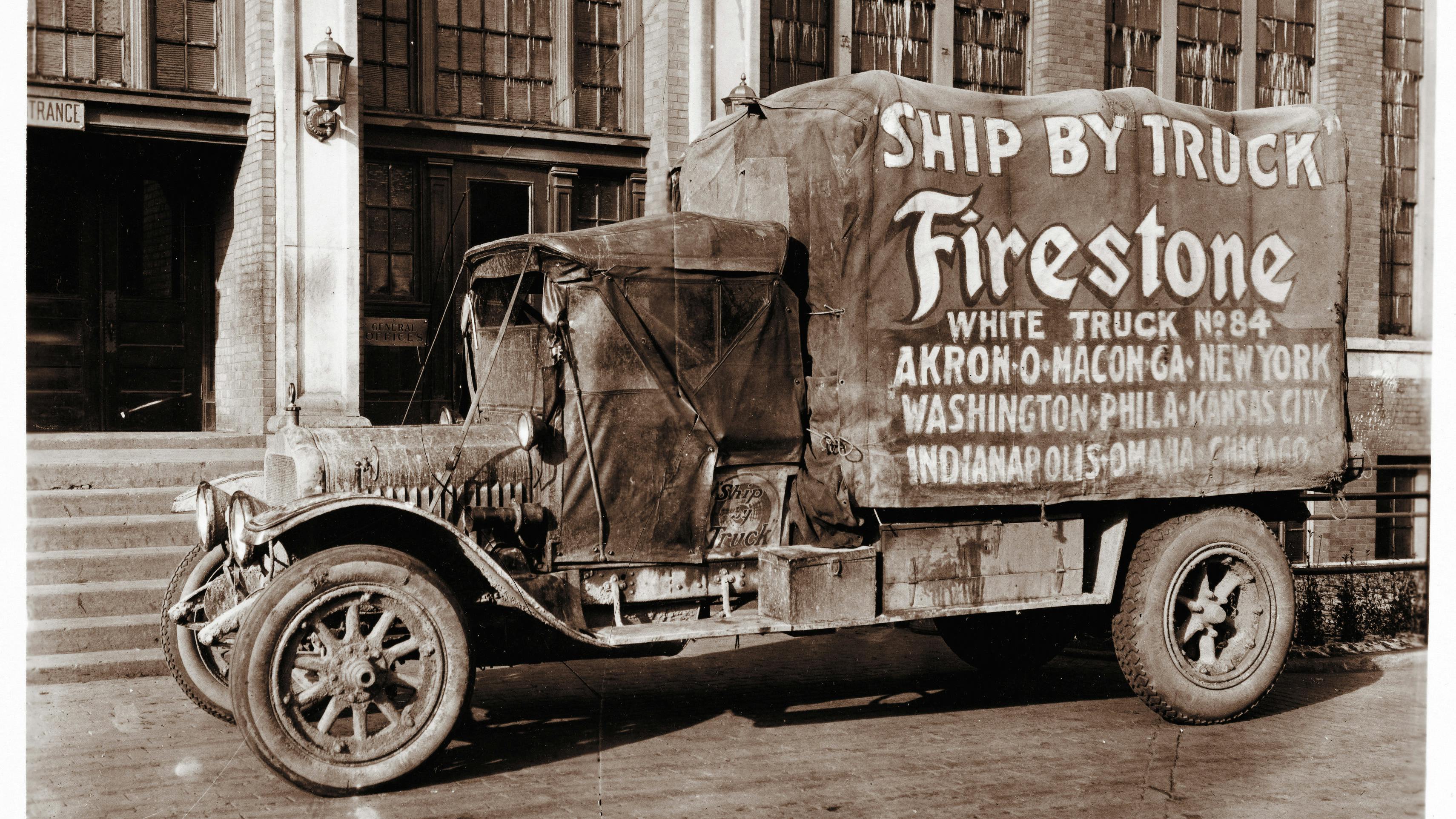 Firestone Tire & Rubber Co., which was founded by Harvey Firestone 125 years ago, encouraged companies to 'Ship by Truck.'