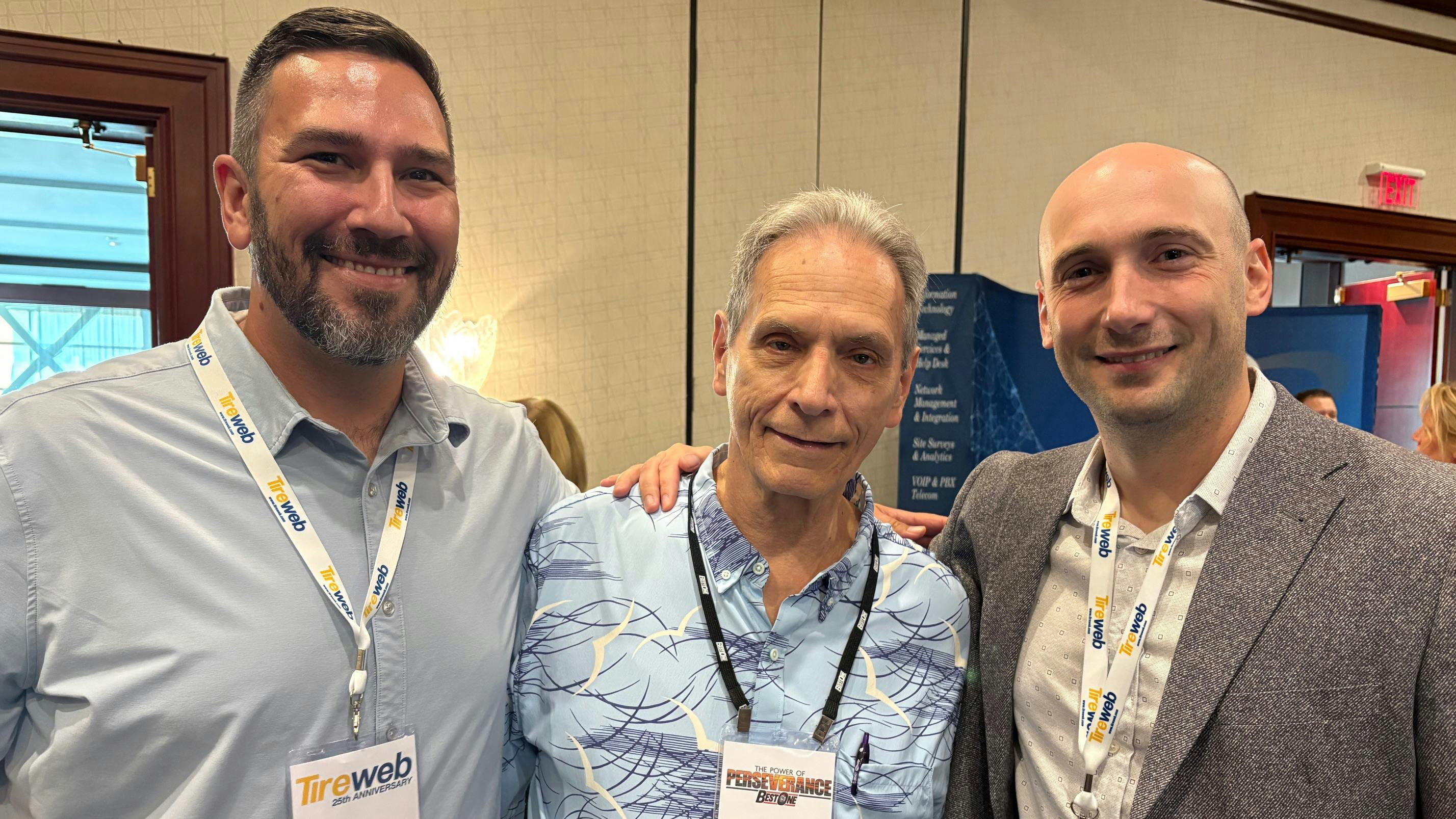 More than 450 guests attended the meeting. (Pictured, from left to right, Ryan Moylan, sales manager, Tireweb; Mark Zurcher, co-owner of Best-One Tire Group; and Carson Cornelius, general manager, Tireweb.)