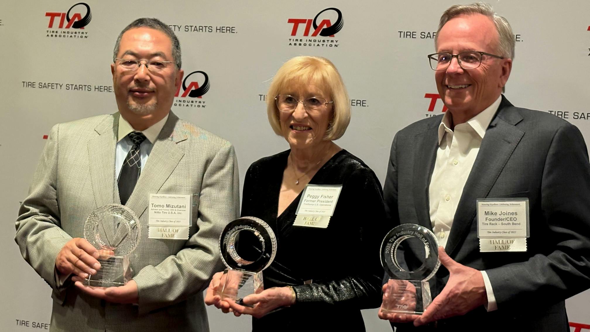 Inductees included Tomo Mizutani, chairman emeritus of Toyo Tire Holdings of Americas Inc. (far left); Peggy Fisher, former president, TireStamp U.S. operations, and TIA president in 2008; and Tire Rack's Mike Joines. (Not pictured: Tom Klinge, co-founder of Klinge Group of Companies.)