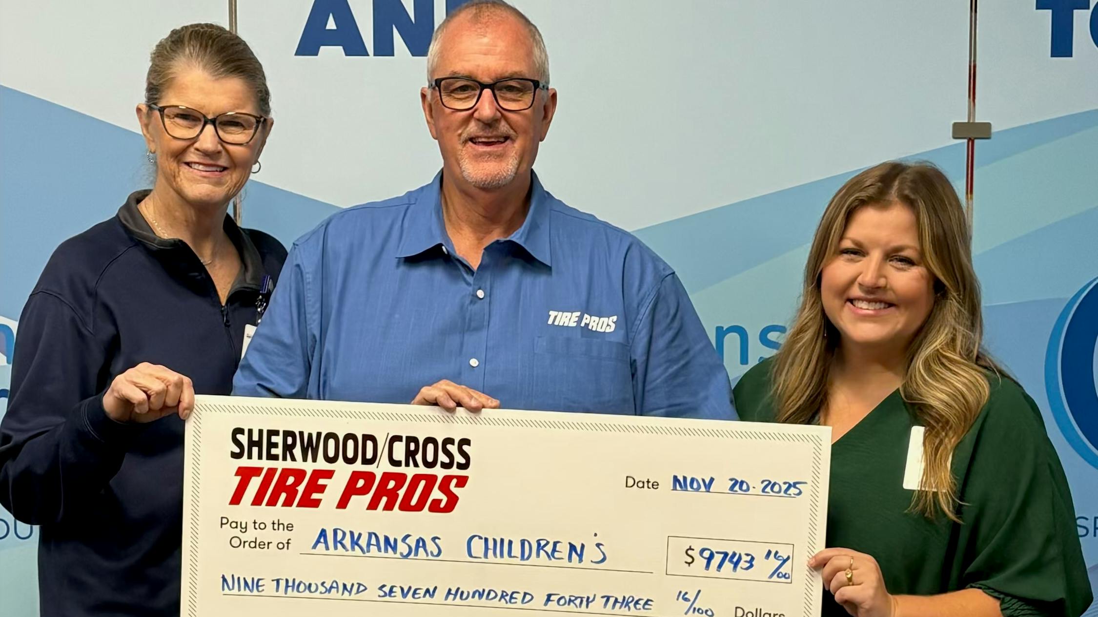 'Anything we can do to help in our community just by giving back is the right thing to do,' says Kevin Edens (center), owner of Sherwood Tire Pros in Sherwood, Ark., and Little Rock, Ark.-based Cross Tire Pros. Also pictured is Jackie Edens (left), his wife, and Megan Flores (right), senior development officer at ACH.