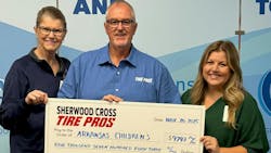 'Anything we can do to help in our community just by giving back is the right thing to do,' says Kevin Edens (center), owner of Sherwood Tire Pros in Sherwood, Ark., and Little Rock, Ark.-based Cross Tire Pros. Also pictured is Jackie Edens (left), his wife, and Megan Flores (right), senior development officer at ACH. 'Anything we can do to help in our community just by giving back is the right thing to do,' says Kevin Edens (center), owner of Sherwood Tire Pros in Sherwood, Ark., and Little Rock, Ark.-based Cross Tire Pros. Also pictured is Jackie Edens (left), his wife, and Megan Flores (right), senior development officer at ACH.