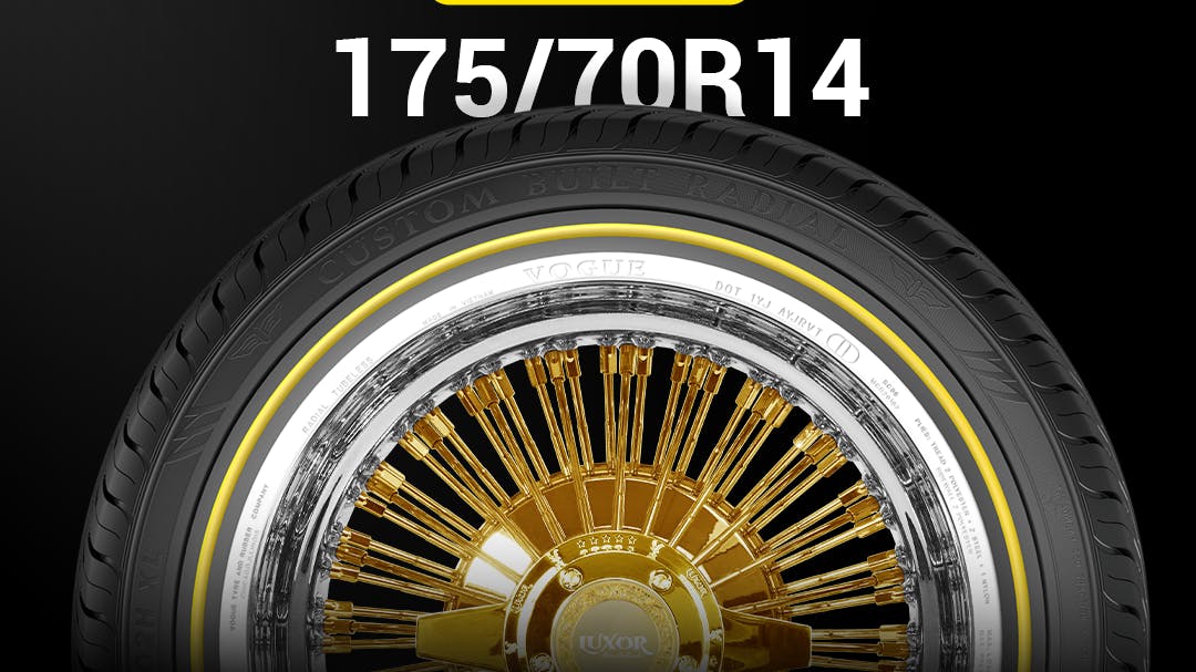 The Custom Built Radial 'showcases our signature Vogue whitewall design accentuated by a gold stripe,' says Kevin Goyak, executive president of Vogue Tyre.