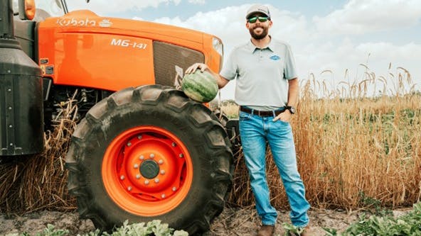 Ross Chastain, known for his racing skills and background in agriculture, outfitted his Kubota M6-141 tractor with Goodyear Optitrac 380/85R24 tires.