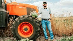 Ross Chastain, known for his racing skills and background in agriculture, outfitted his Kubota M6-141 tractor with Goodyear Optitrac 380/85R24 tires. Ross Chastain, known for his racing skills and background in agriculture, outfitted his Kubota M6-141 tractor with Goodyear Optitrac 380/85R24 tires.