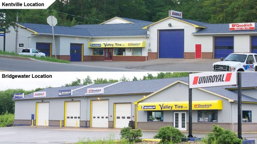 Founded more than 100 years ago, Valley Tire has three locations. (Pictured, the dealership's outlets in Kentville and Bridgewater, Nova Scotia.)