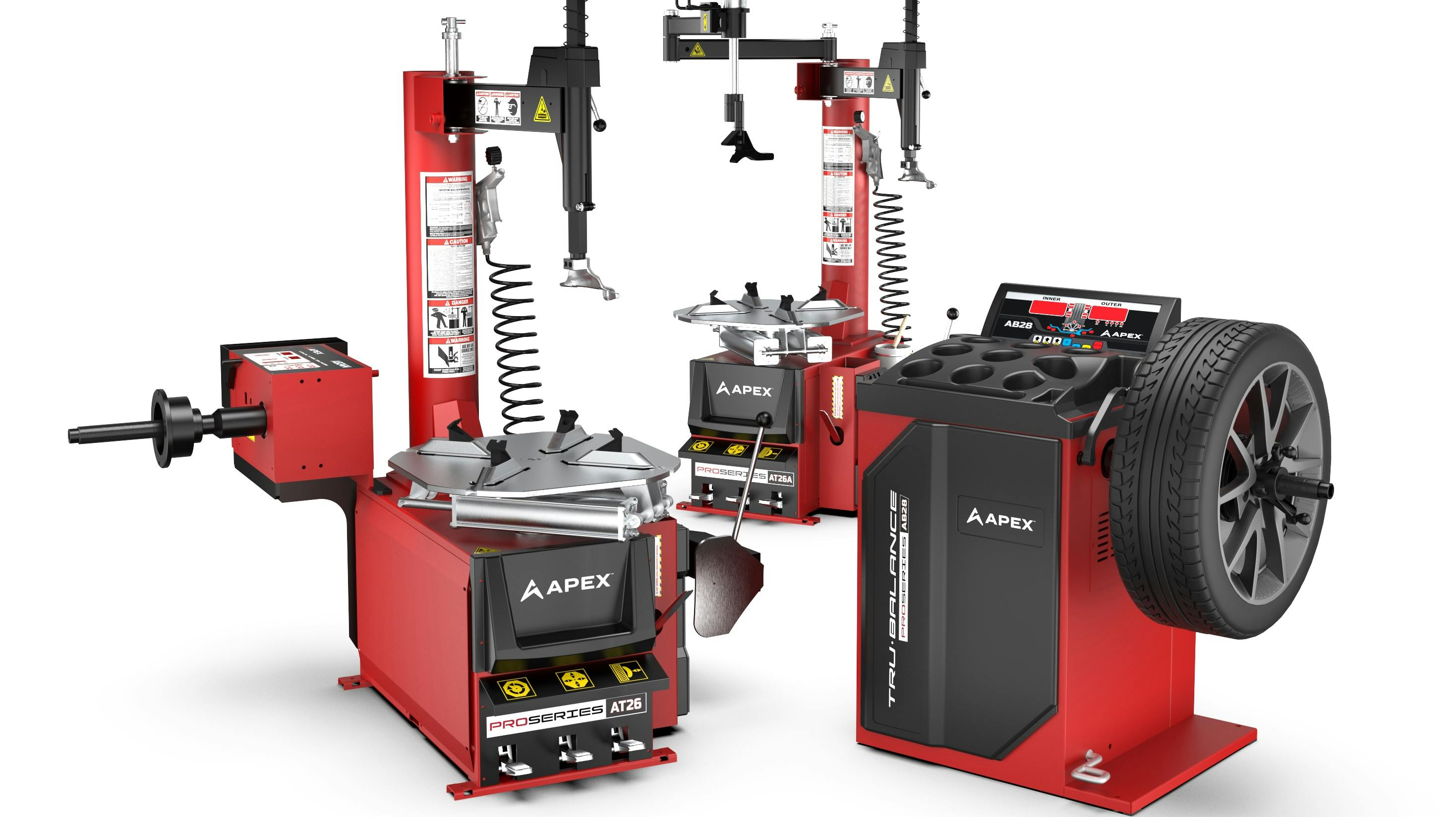 APEX by BendPak's new products include the AL9LC and AL10C two-post lifts, AT26 and AT26A swing-arm tire changers and AB24M and AB28 manual wheel balancers.