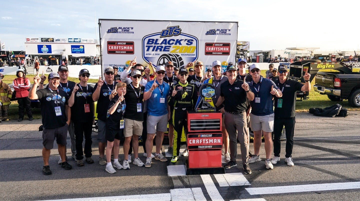 Members of the Black&rsquo;s Tire team celebrate with race winner Corey Heim in victory lane after the Black&rsquo;s Tire 200 NASCAR Craftsman Truck Series race at Rockingham Speedway on April 3.