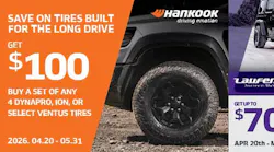 According to Hankook Tire America Corp. officials, consumers who purchase four eligible tires can receive up to a $100 prepaid Visa card.