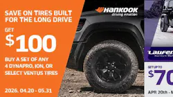 According to Hankook Tire America Corp. officials, consumers who purchase four eligible tires can receive up to a $100 prepaid Visa card. According to Hankook Tire America Corp. officials, consumers who purchase four eligible tires can receive up to a $100 prepaid Visa card.