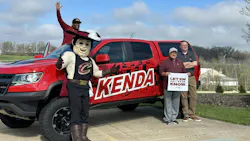 (pictured from left) Ahmaad Crump, the lineup announcer for the Cleveland Cavaliers; the Cavs' mascot, Sir CC; Brandon Stotsenburg, vice president of the automotive division for Kenda; and Joshua Herron, director of engineering for Kenda, say they are excited to continue the partnership of over 10 years.