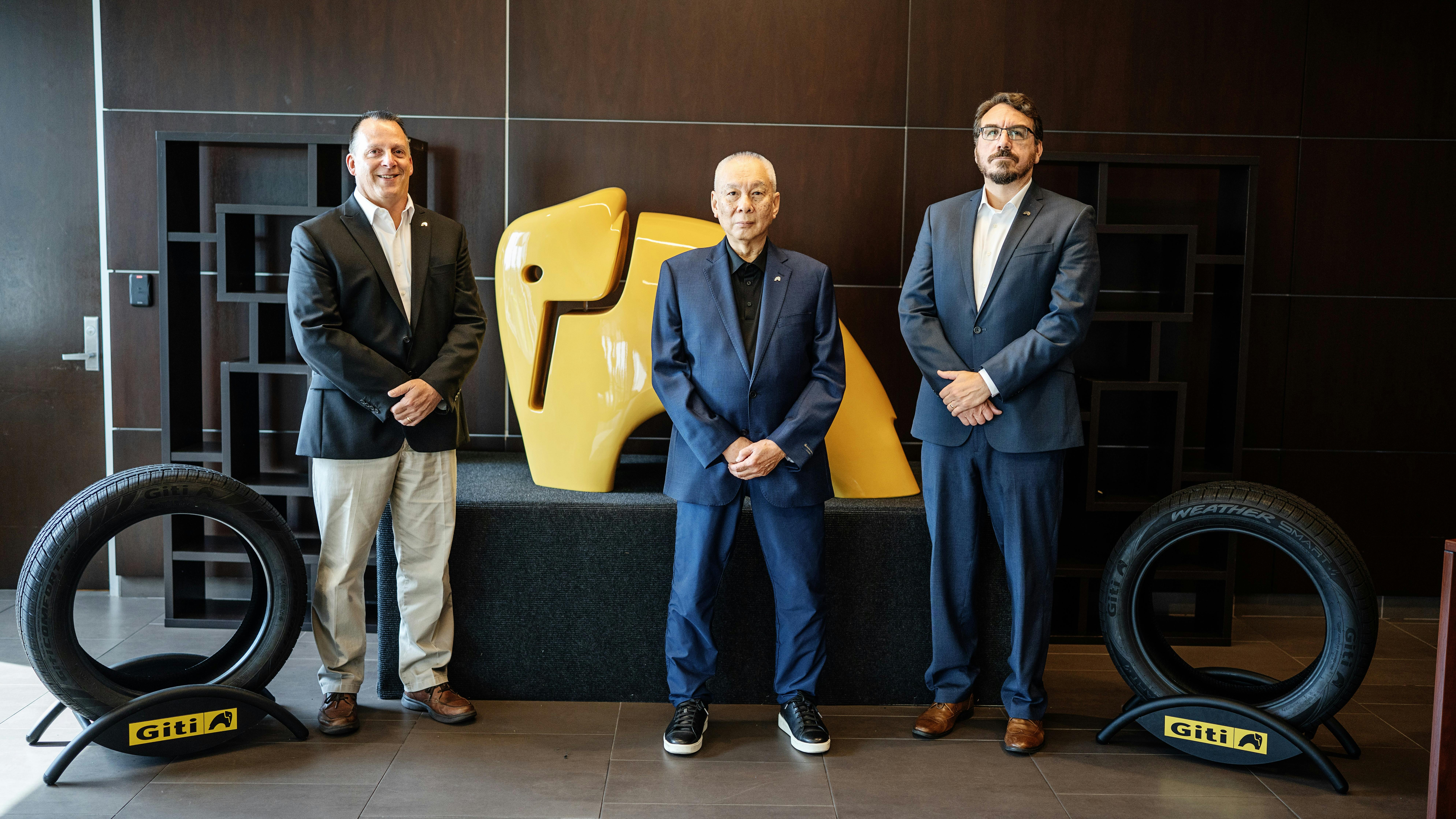 Wai Yeen Phang (center), CEO; Michael Markoff (right), executive vice president, sales and marketing; and David Poling (left), vice president, R&D and technical lead Giti Tire's U.S. operations.
