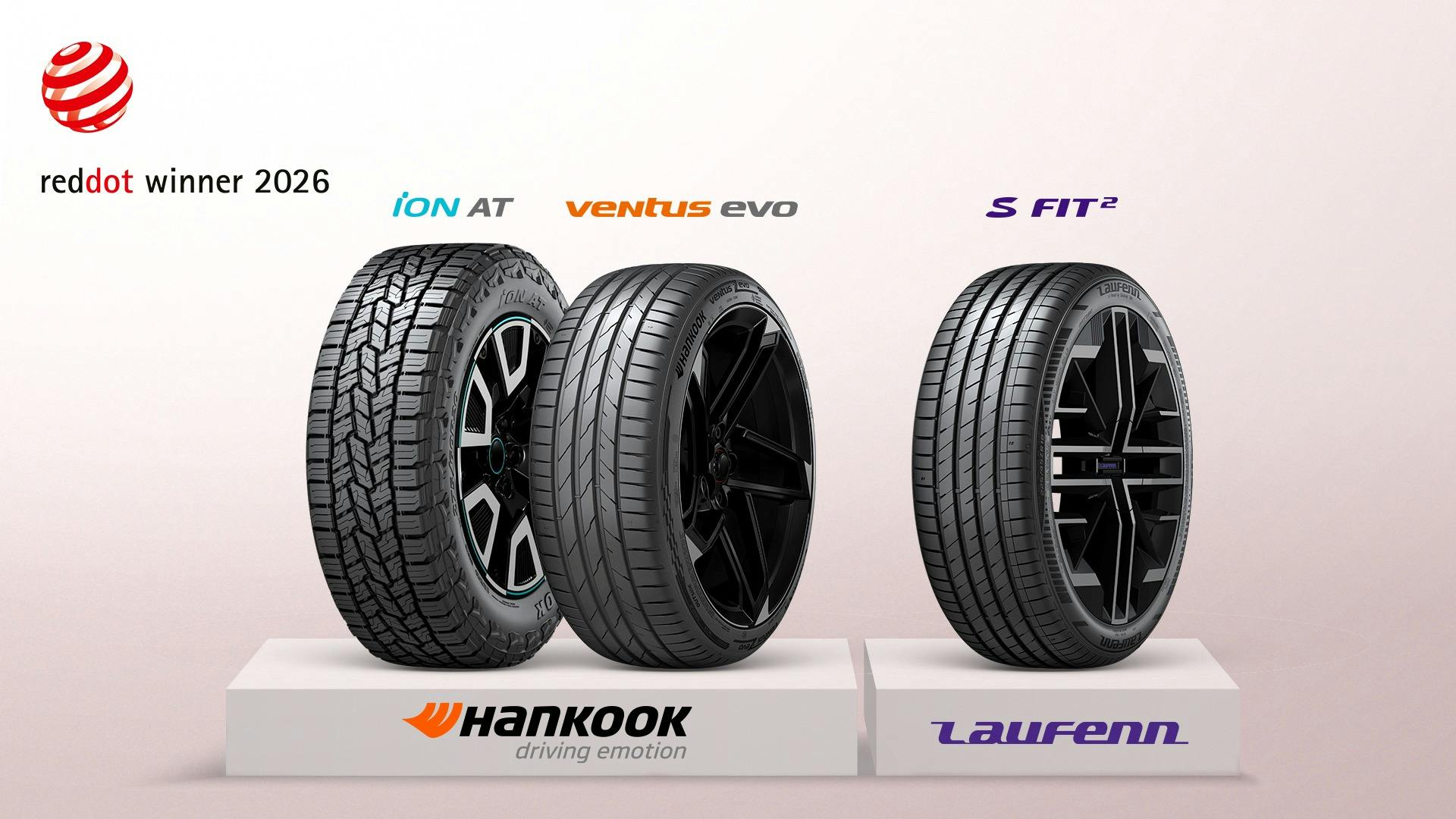 The Red Dot Design Award honored three Hankook Tire products this year with winner awards: the ultra-high-performance tire &lsquo;Ventus evo,&rsquo; the all-terrain tire &lsquo;iON AT&rsquo; for electric SUVs and pickup trucks and Laufenn&rsquo;s summer performance tire &lsquo;S FIT2.'
