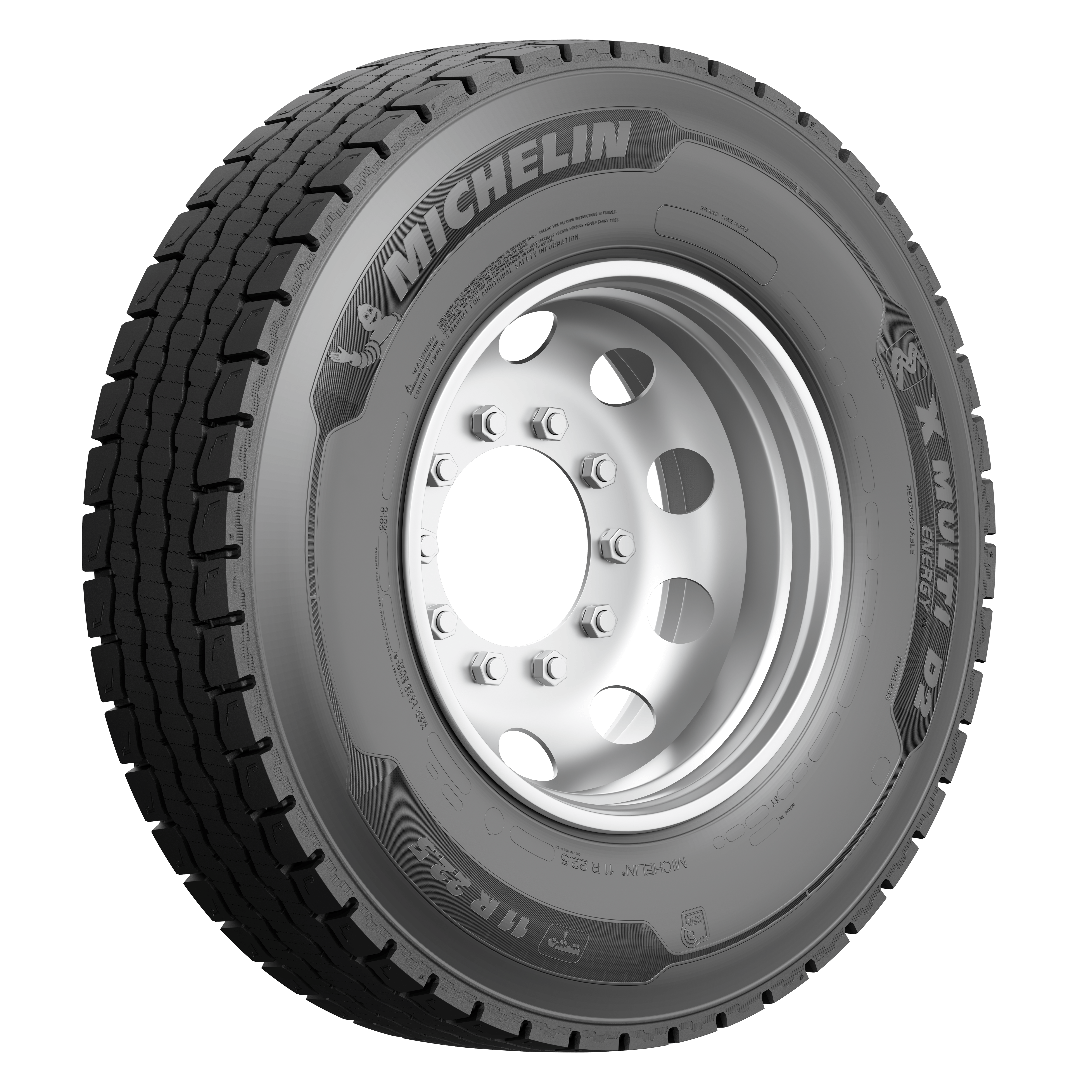 The Michelin X Multi Energy D2 tire includes improved rolling resistance by 9% from its predecessor, the Michelin X Multi Energy D tire, with 10% better wet handling performance and 16% better snow starting traction when worn, compared to the Michelin X Multi Energy D tire.