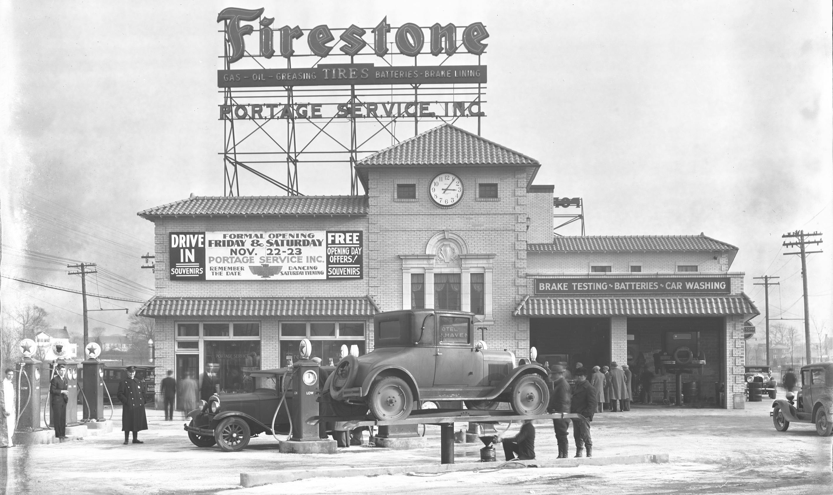 A Firestone service station stands tall at its grand opening in Akron, Ohio, in 1929.