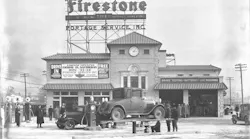 A Firestone service station stands tall at its grand opening in Akron, Ohio, in 1929.