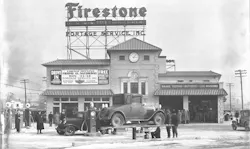 A Firestone service station stands tall at its grand opening in Akron, Ohio, in 1929.