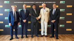 BKT will produce up to 800,000 Pirelli-brand tires by 2030 'with Pirelli's specific technological and quality standards,' according to officials from both companies. (Pictured, Pirelli and BKT executives.)