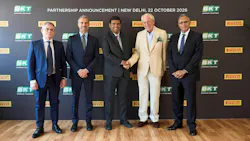 BKT will produce up to 800,000 Pirelli-brand tires by 2030 'with Pirelli's specific technological and quality standards,' according to officials from both companies. (Pictured, Pirelli and BKT executives.)