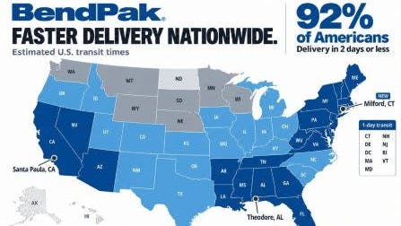 BendPak Inc.'s new warehouse serves customers in New England, the Mid-Atlantic states and parts of the Great Lakes region.